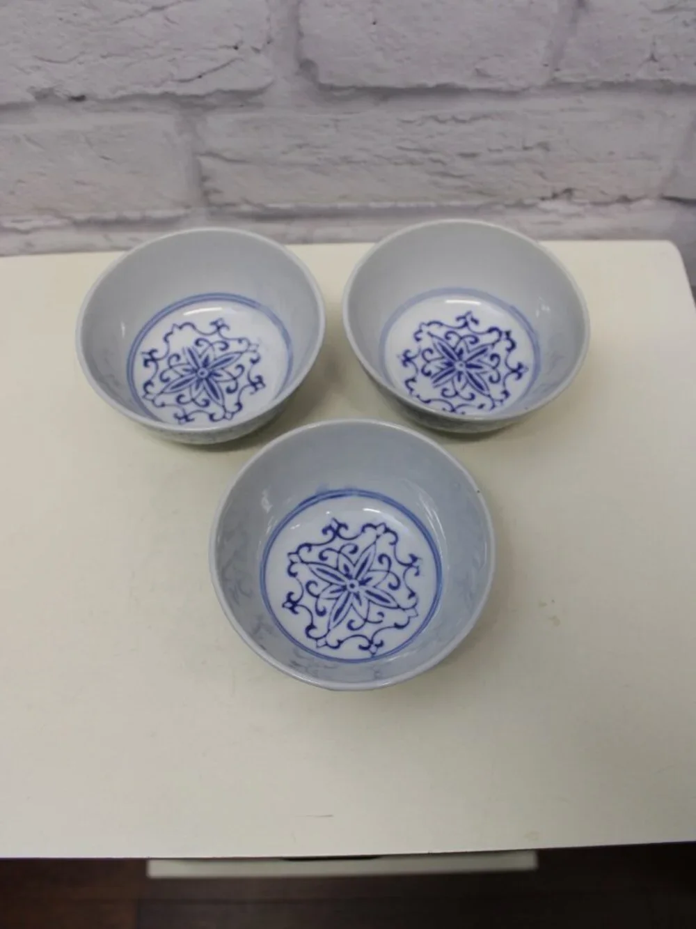 Vintage Blue White Floral Geometric Medallion Porcelain Rice Bowls Set of 3